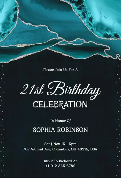 Elegant Teal Marble 21st Birthday Celebration Invitation Template