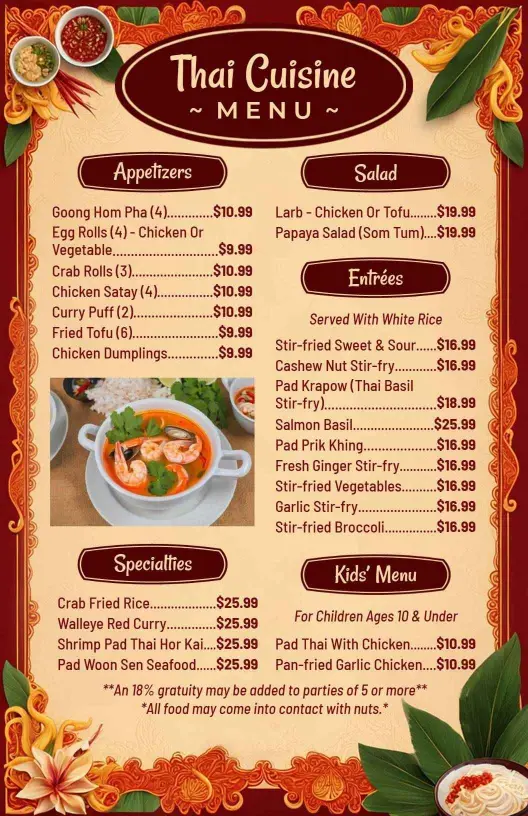 Elegant Thai Cuisine with Floral Border Menu Template