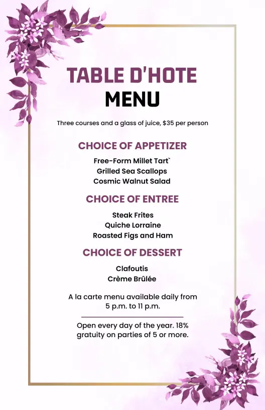 Elegant Three-Course Dining Experience with Unique Choices Hotel Menu Template