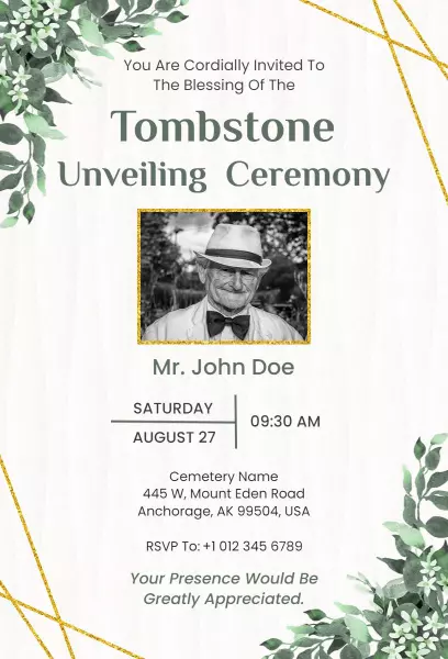 Elegant Tombstone Unveiling Ceremony Funeral Invitation Template