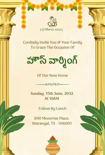 Elegant Traditional Indian Housewarming Ceremony Invitation Template