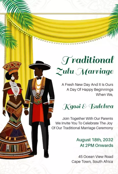 Elegant Traditional Zulu Marriage Wedding Invitation Template