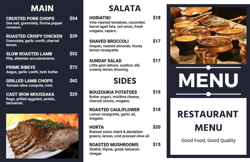 Elegant Tri Fold Menu Showcasing Mediterranean Flavors and Dishes Template