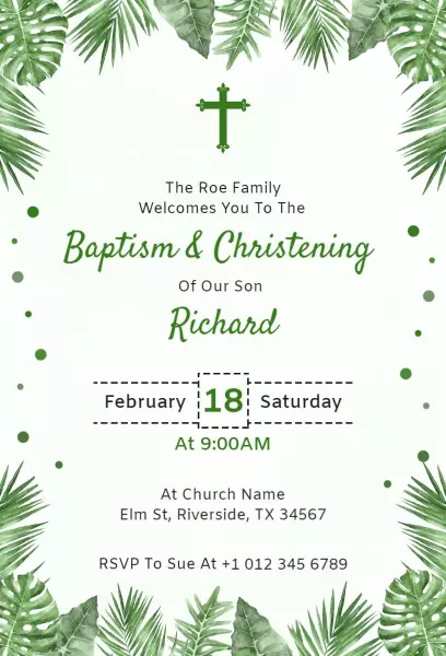 Elegant Tropical Greenery Baptism Ceremony Invitation Template