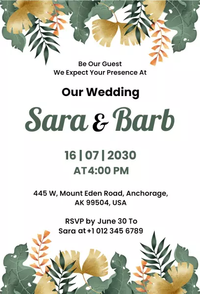 Elegant Tropical Greenery Wedding Celebration Invitation Template