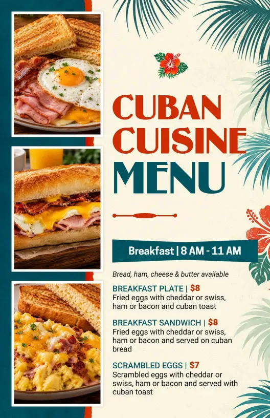 Elegant Tropical Leaves Cuban Cuisine Menu Template