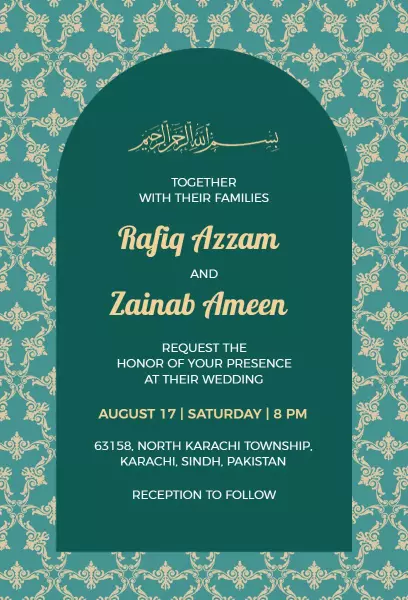 Elegant Turquoise Muslim Wedding Celebration Invitation Template