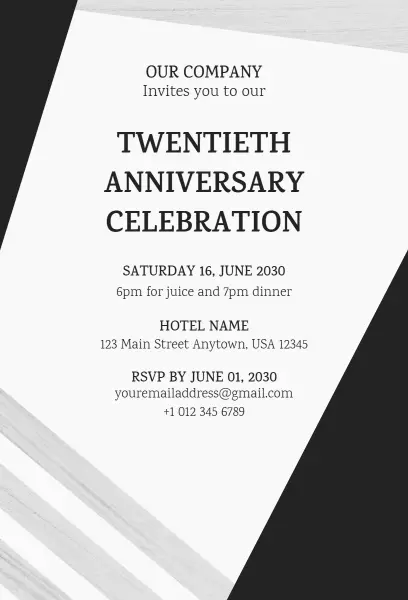 Elegant Twentieth Anniversary Celebration Invitation Template