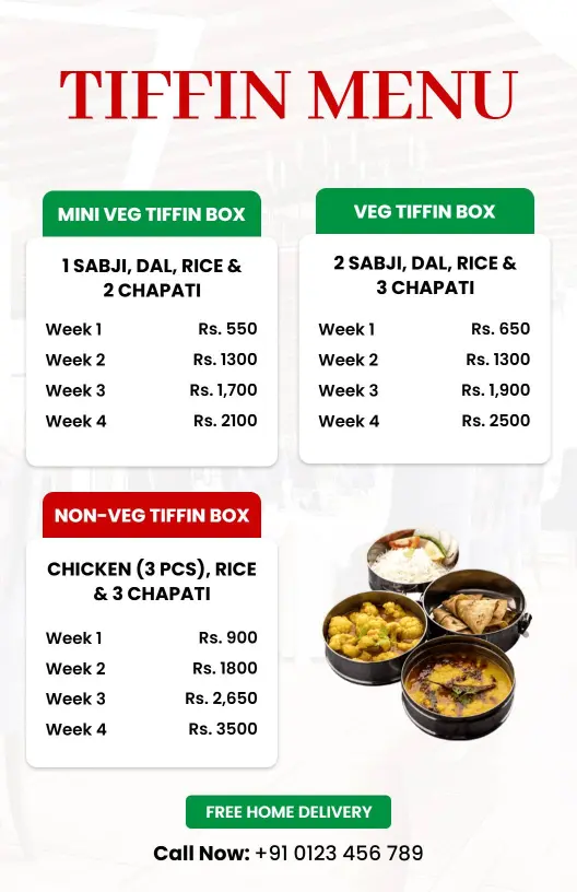 Elegant Vegetarian and Non-Veg Tiffin Selection Menu Template