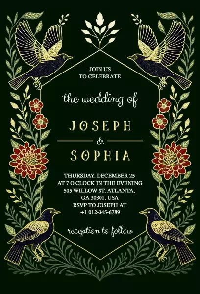 Elegant Vintage Bird Theme Wedding Celebration Invitation Template