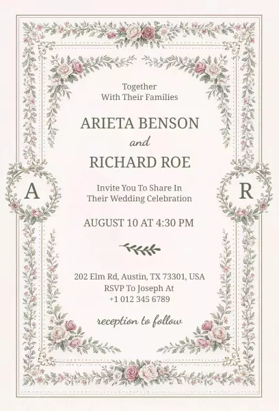 Elegant Vintage Floral Wedding Celebration Invitation Template