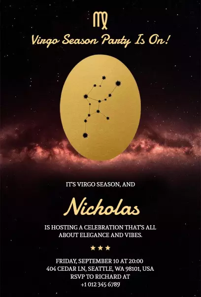 Elegant Virgo Season Celebration Astrology Party Invitation Template