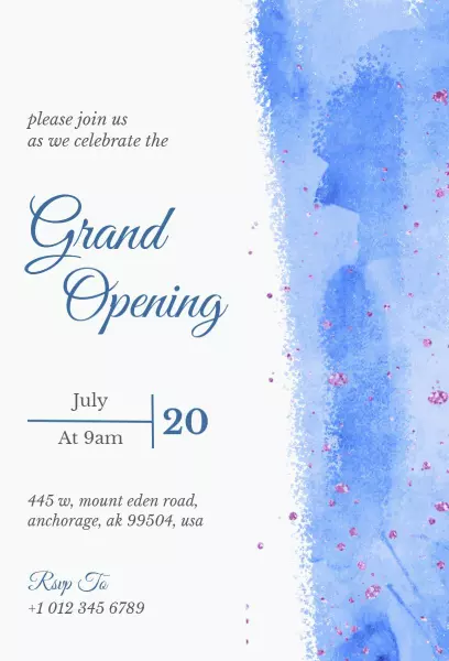 Elegant Watercolor Blue Grand Opening Invitation Template
