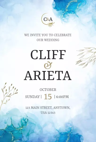 Elegant Watercolor Blue Wedding Ceremony Invitation Template