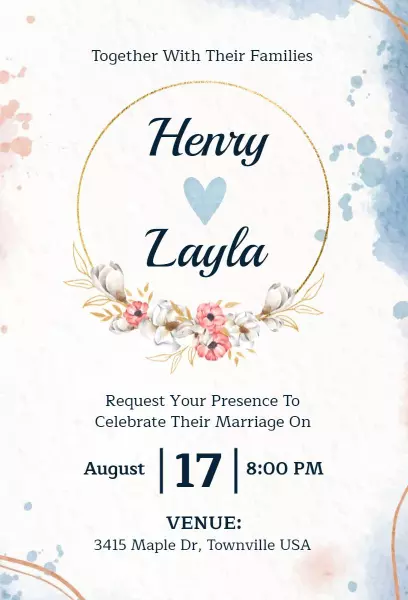 Elegant Watercolor Floral Wedding Ceremony Invitation Template