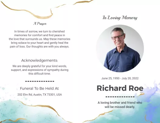 Elegant Watercolor Memorial Service In Loving Memory Brochure Template