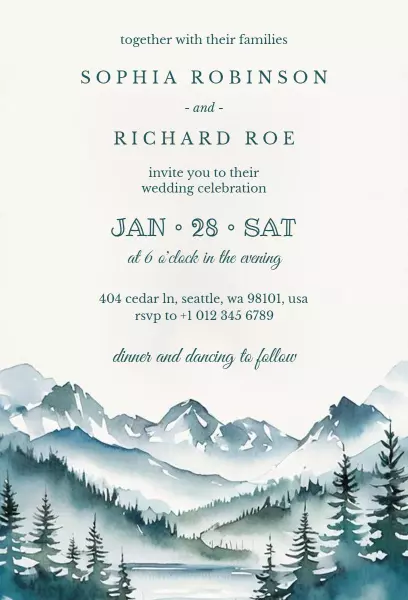 Elegant Watercolor Mountain Landscape Wedding Invitation Template