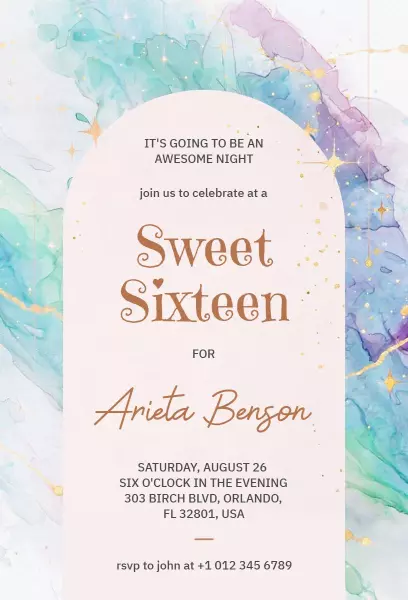 Elegant Watercolor Sweet 16 Birthday Celebration Invitation Template