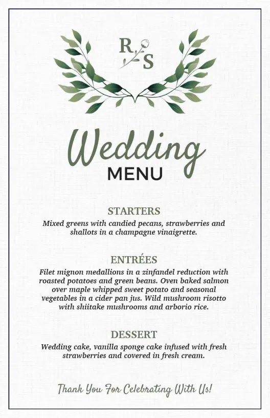 Elegant Wedding Cuisine with Starters and Rich Entrées Menu Template