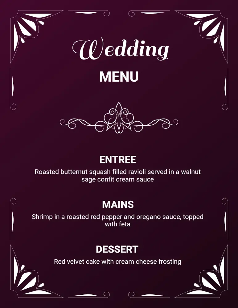 Elegant Wedding Entrees and Desserts with Lavish Presentation Menu Template