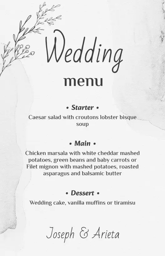 Elegant Wedding Menu Featuring Starters, Mains, and Desserts Template