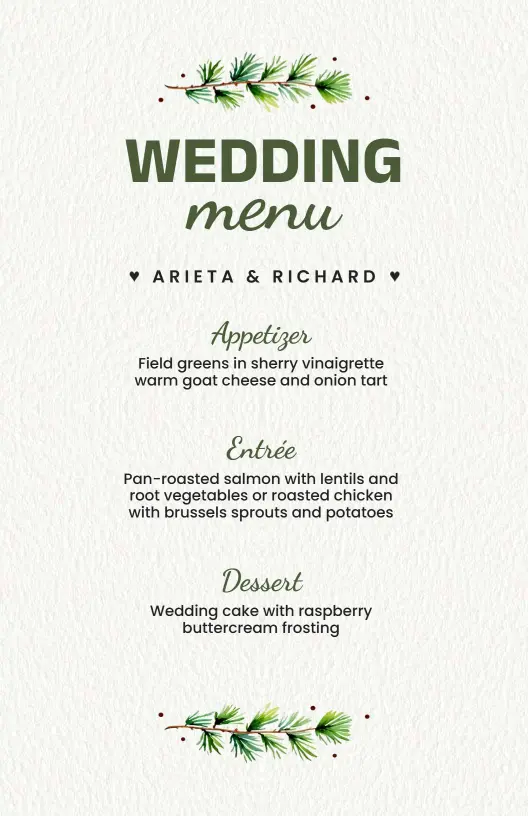 Elegant Wedding Reception Dishes and Dessert Selections Menu Template