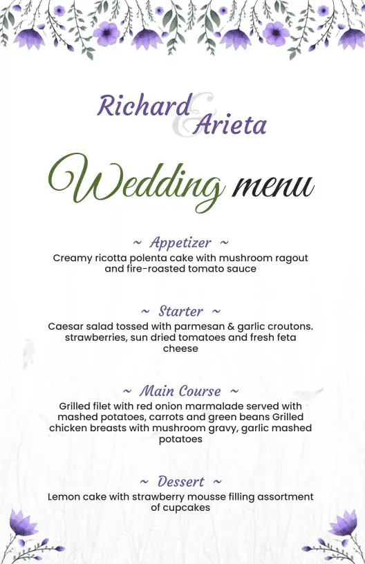 Elegant Wedding Reception Dishes with Exquisite Flavors Menu Template
