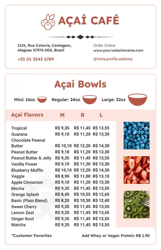 Elegant White and Pink Açaí Bowl Menu Template