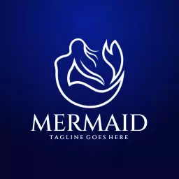 Elegant White Mermaid Silhouette Against Blue Background Logo Template