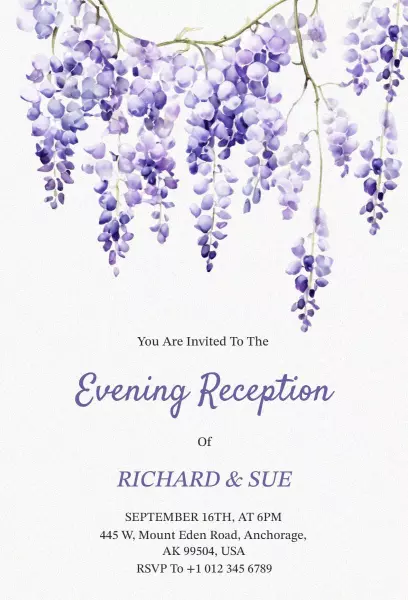 Elegant Wisteria Floral Wedding Reception Invitation Template