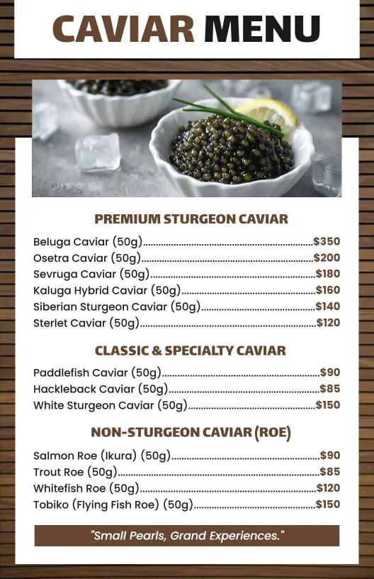 Elegant Wooden Sturgeon and Specialty Caviar Menu Template
