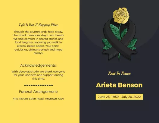 Elegant Yellow and Black Funeral Memorial Service Brochure Template