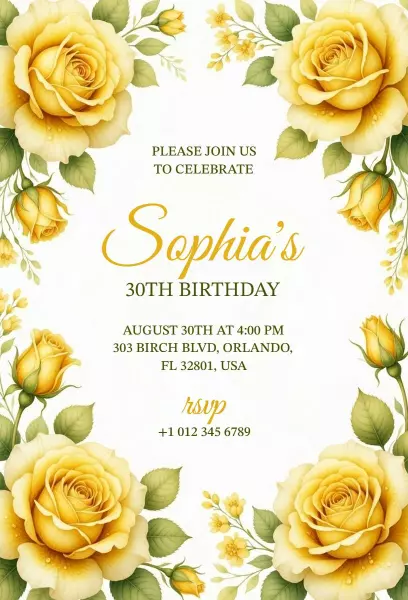 Elegant Yellow Floral 30th Birthday Celebration Invitation Template