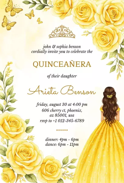 Elegant Yellow Floral Quinceanera Celebration Invitation Template