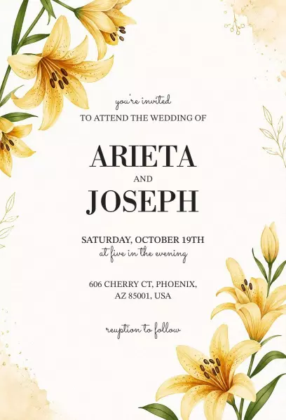 Elegant Yellow Floral Wedding Ceremony Invitation Template