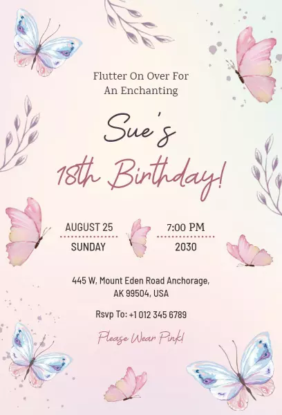 Enchanting Butterfly Theme 18th Birthday Celebration Invitation Template