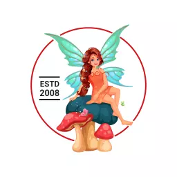 Enchanting Fairy Character Sitting on Colorful Mushrooms Logo Template
