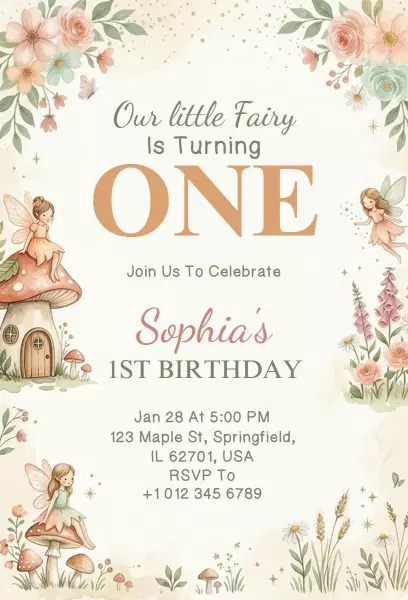 Enchanting Fairy-Themed First Birthday Celebration Invitation Template