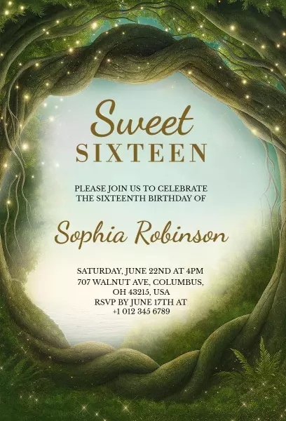 Enchanting Forest Sweet 16 Birthday Celebration Invitation Template