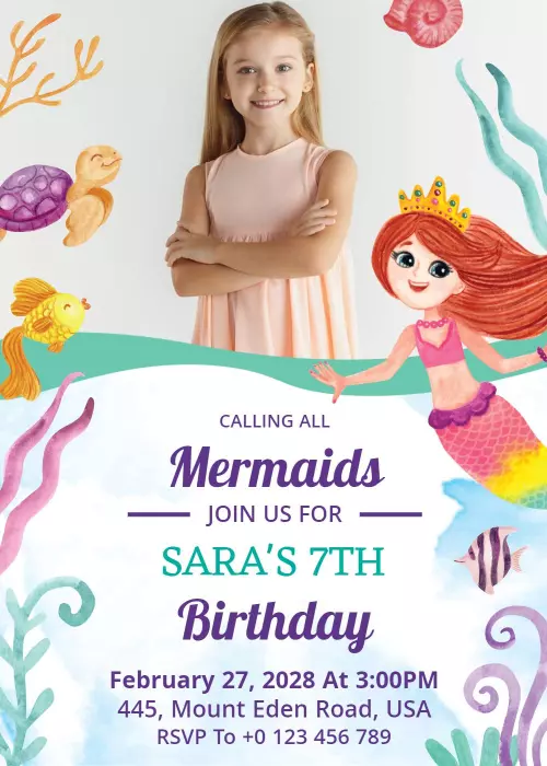 Enchanting Mermaid Theme 7th Birthday Celebration Invitation Template