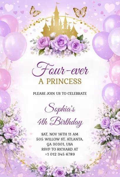 Enchanting Princess Castle Theme Birthday Celebration Invitation Template