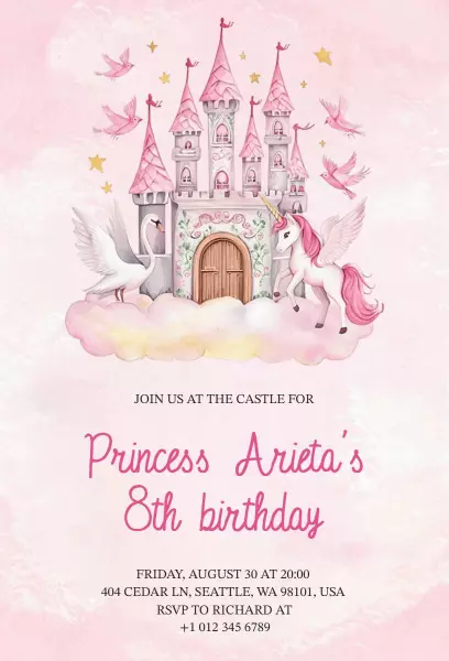 Enchanting Princess Castle Theme Birthday Invitation Template