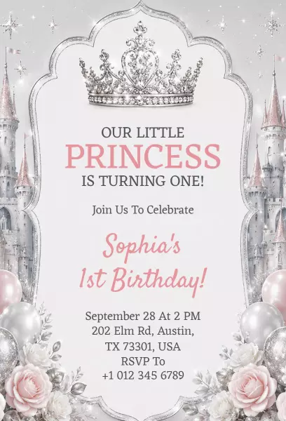 Enchanting Princess First Birthday Celebration Invitation Template