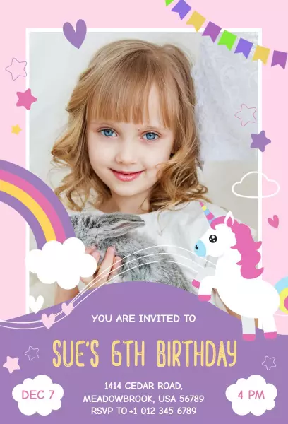 Enchanting Unicorn Theme 6th Birthday Celebration Invitation Template