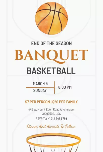 End of Season Basketball Awards Banquet Invitation Template