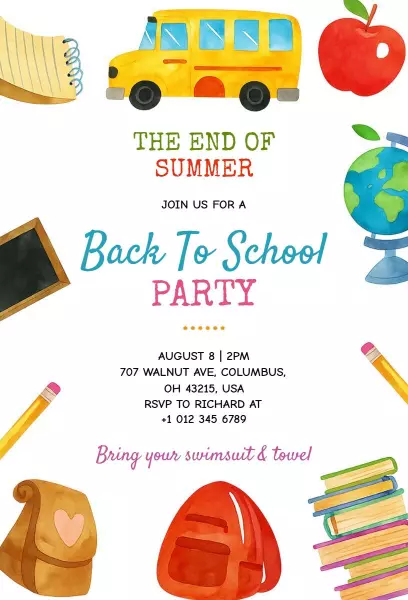 End of Summer Fun Back To School Party Invitation Template