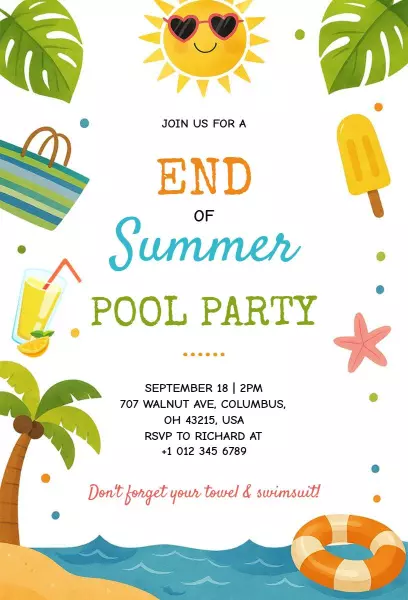End of Summer Tropical Vibes Pool Party Invitation Template