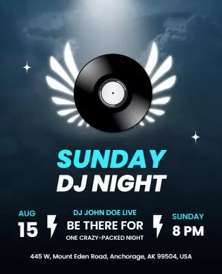 Energetic Black DJ Night with Winged Design Poster Template