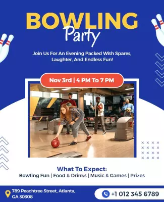 Energetic Blue Bowling Party Celebration Poster Template