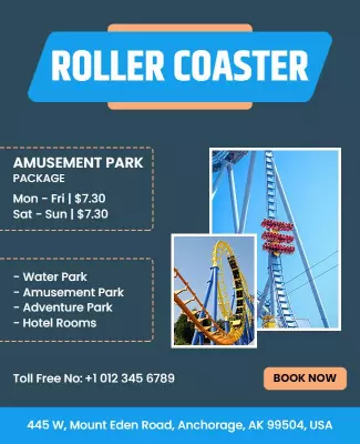 Energetic Blue Roller Coaster Amusement Park Package Poster Template